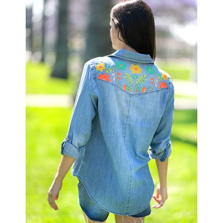 Flower Field Embroidered Shirt - Vintage Blue