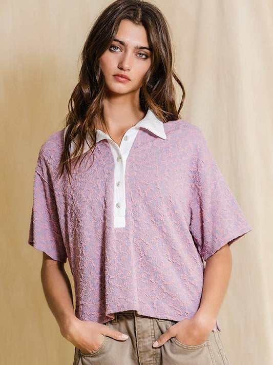 Floral Textured Crop Polo Top - Mauve