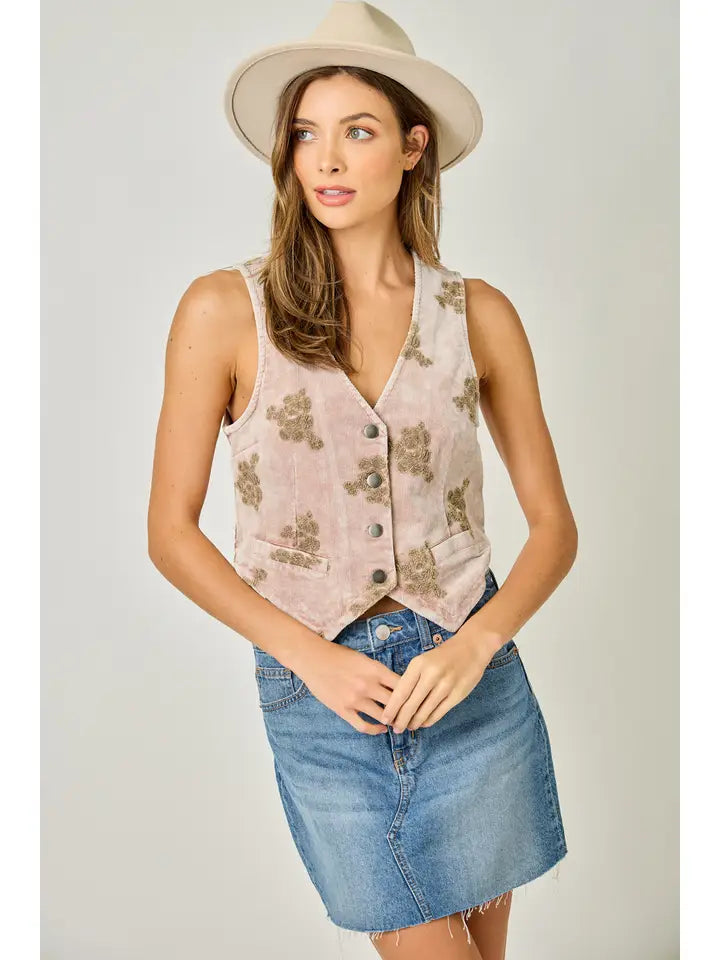 Embroidered Corduroy Vest - Washed Rose