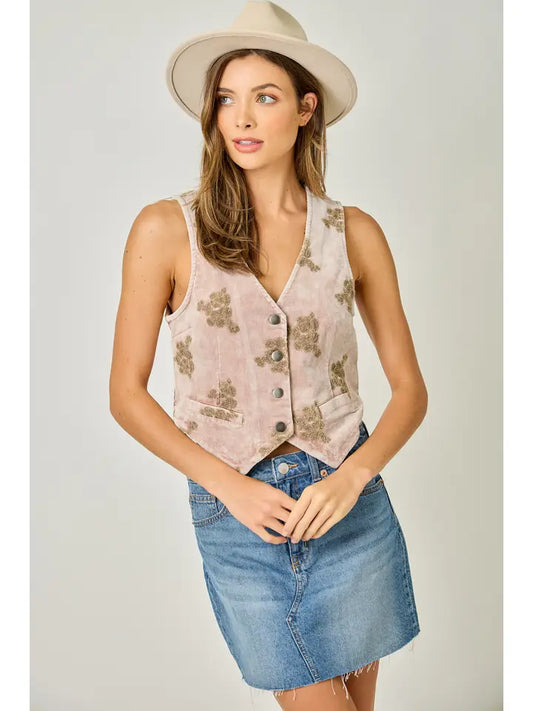 Embroidered Corduroy Vest - Washed Rose
