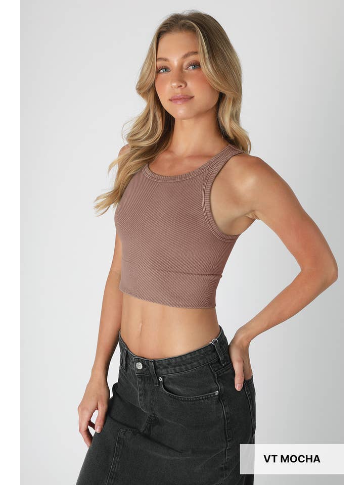 Chevron Highneck Crop Top - Vintage Mocha