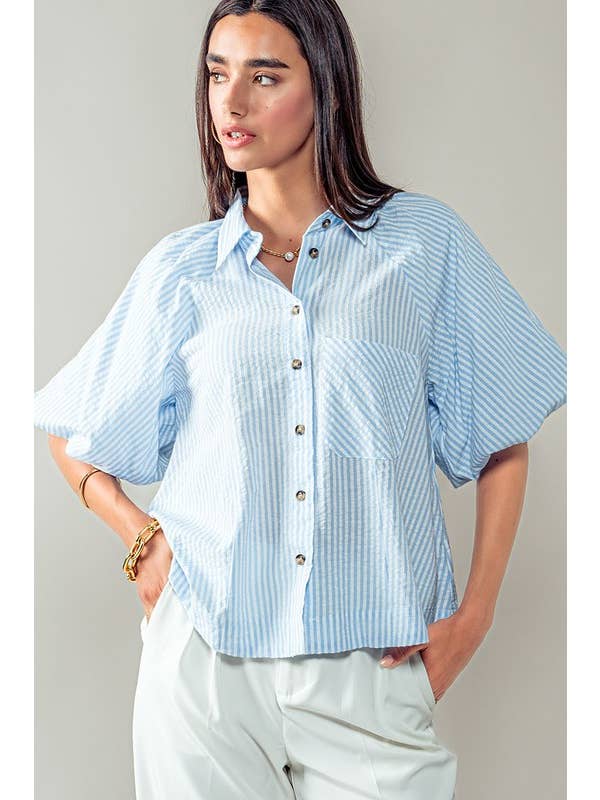 Balloon Sleeve Button Down - Blue