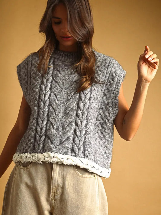 Cable Knit Sweater Vest - Heather Grey