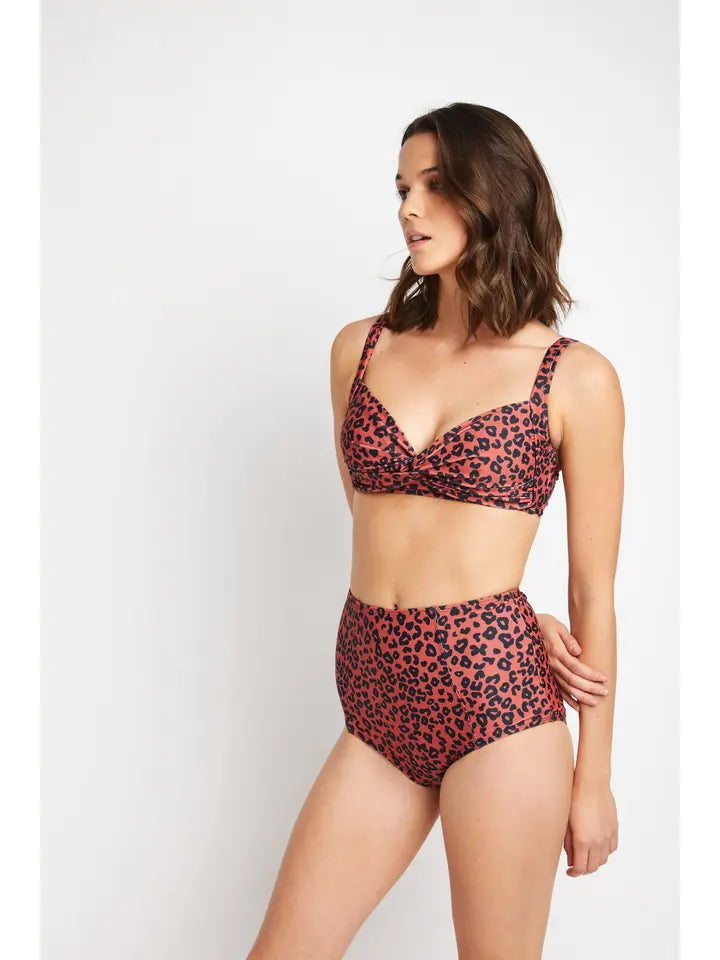 High Waisted Crossed Swimsuit - Brick Leopard