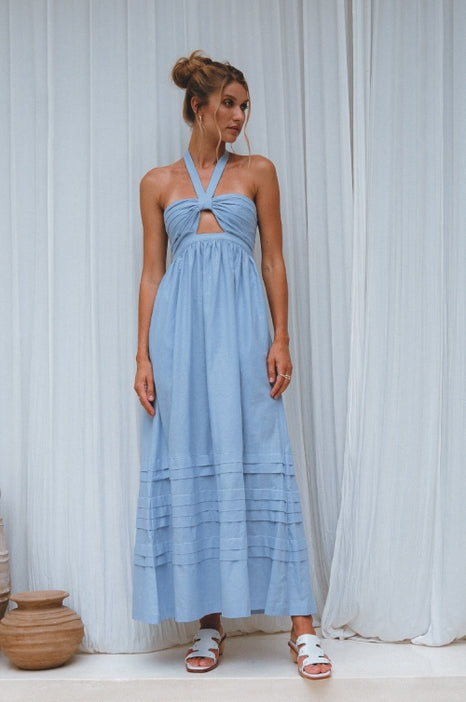 Penelope Halter Linen Maxi Dress - Crystal Blue