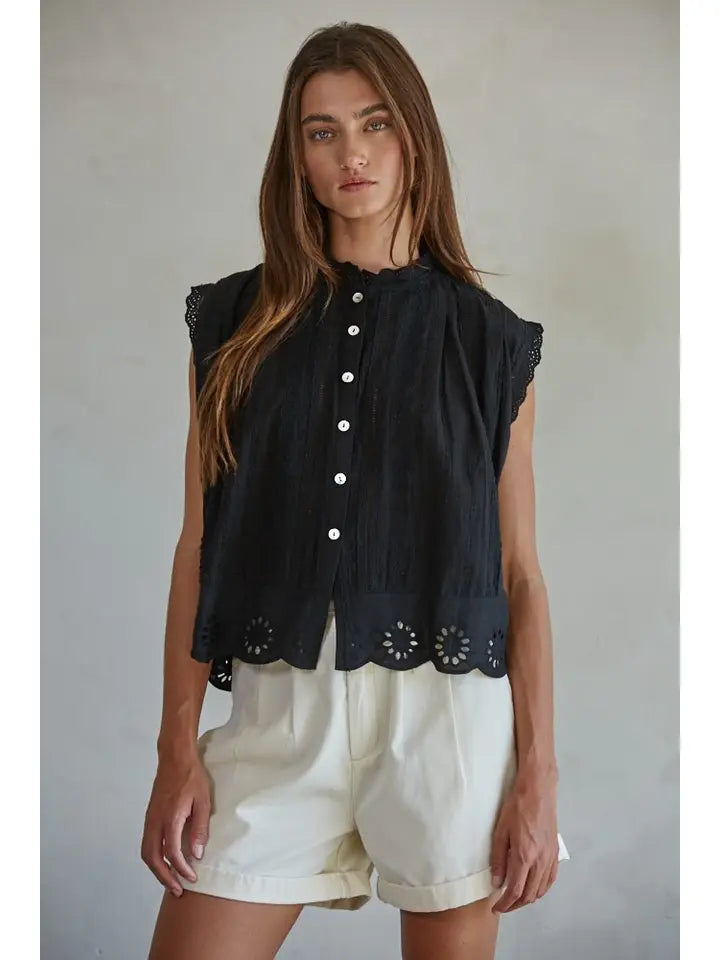 Eyelet Sleeveless Top - Black