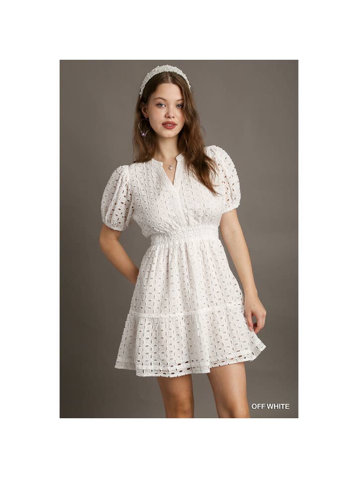 Puff Sleeve Lace Mini Dress - Off White