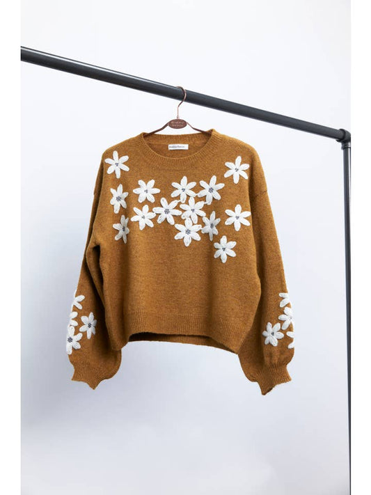 Floral Appliqué Knit Sweater - Rust