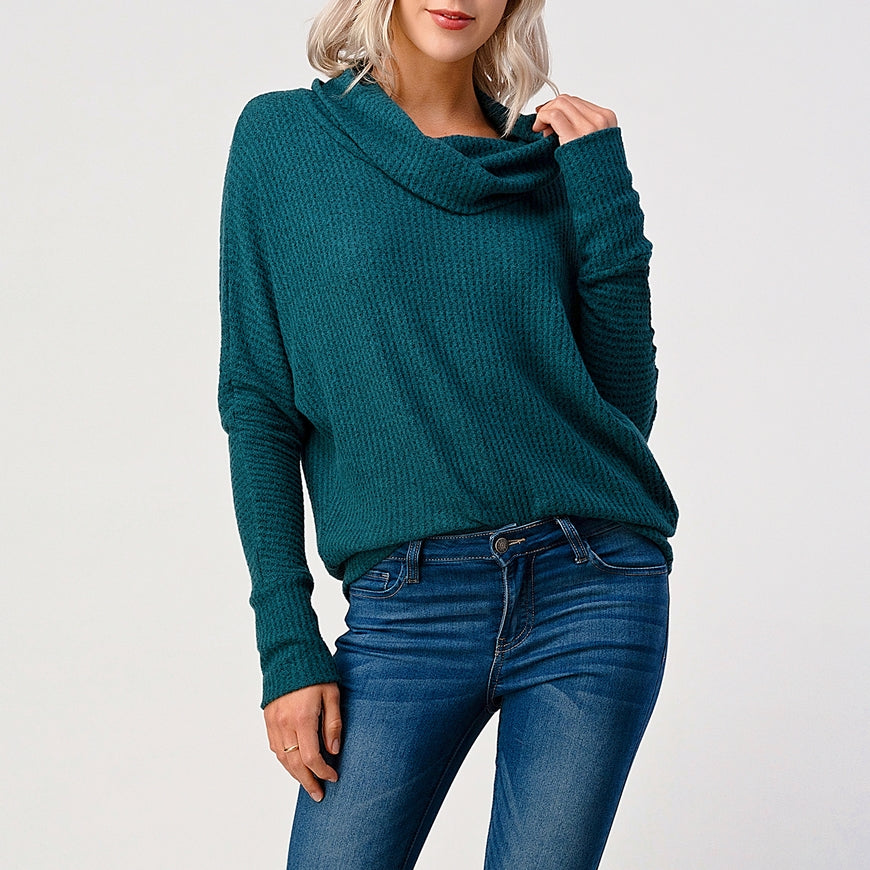 Brushed Knit Turtleneck Tunic Top - Teal Green