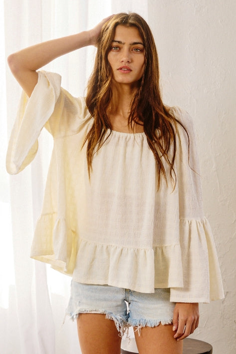 Bell Sleeve Ruffled Hem Blouse - Cream