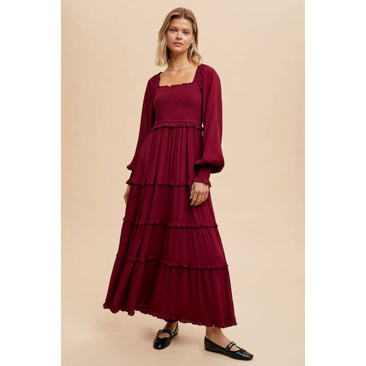 Smocked Square Neck Maxi Dress - Cherry Merlot