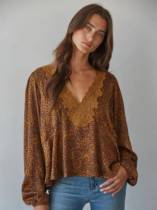 Animal Print Peplum Top - Camel Multi