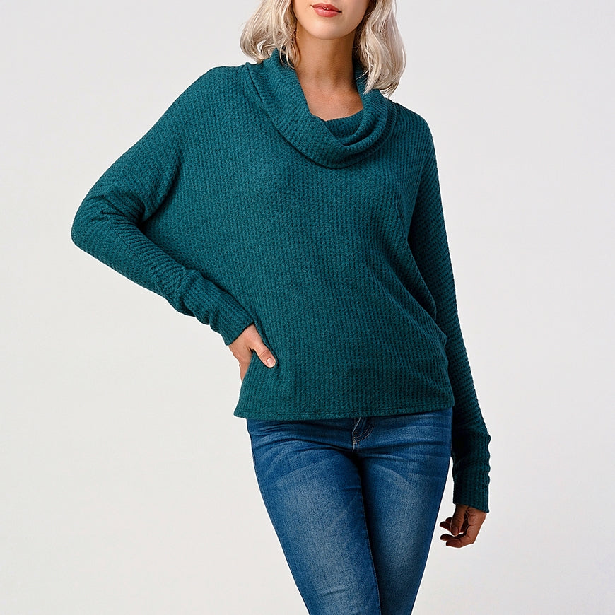 Brushed Knit Turtleneck Tunic Top - Teal Green