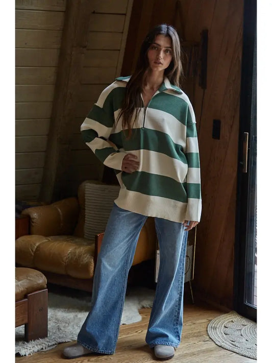 Striped Half Zip Sweater - Green Cream