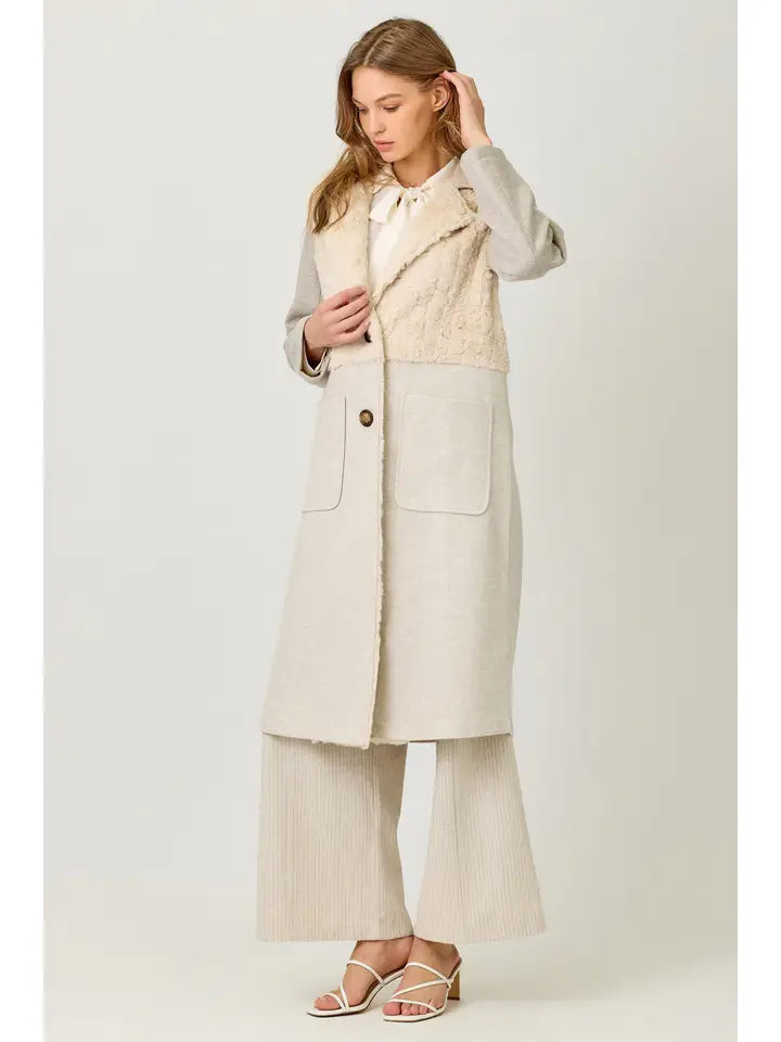 Color Blocked Long Coat - Oatmeal Mix