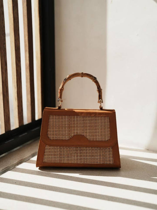 Gracie Leather and Rattan Clutch - Tan