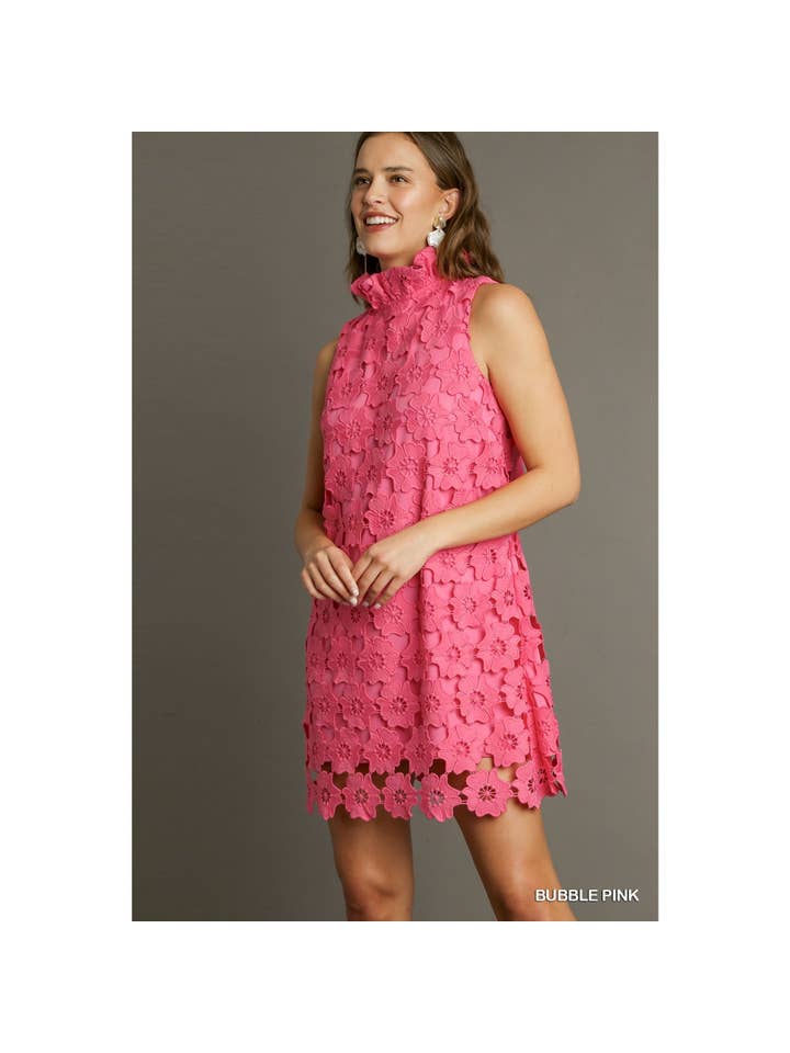 High Neck Floral Lace Dress - Bubble Pink