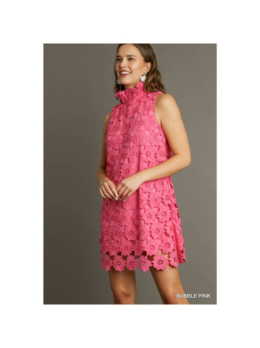 High Neck Floral Lace Dress - Bubble Pink