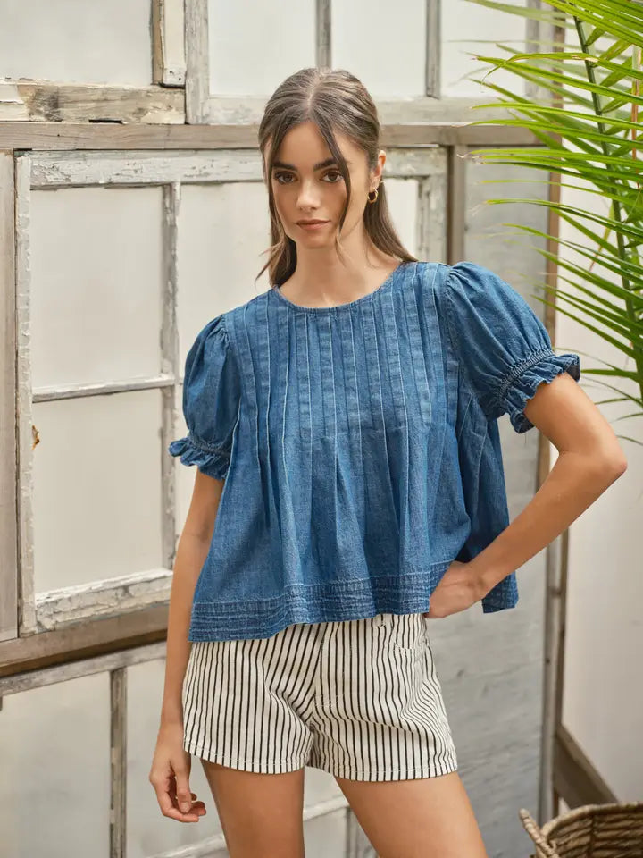Short Sleeve Pleated Top - Denim