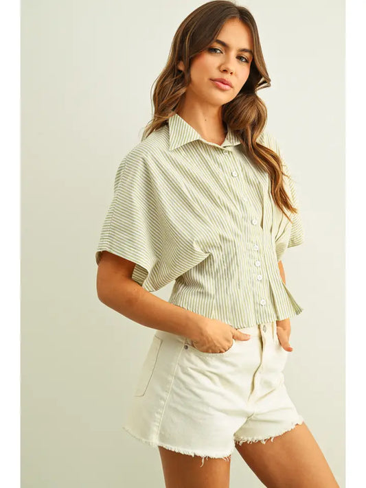 Pleated Waist Button Down - Sage