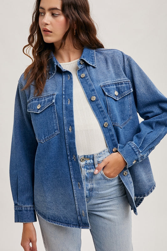 Washed Denim Shirt Jacket - Medium Wash