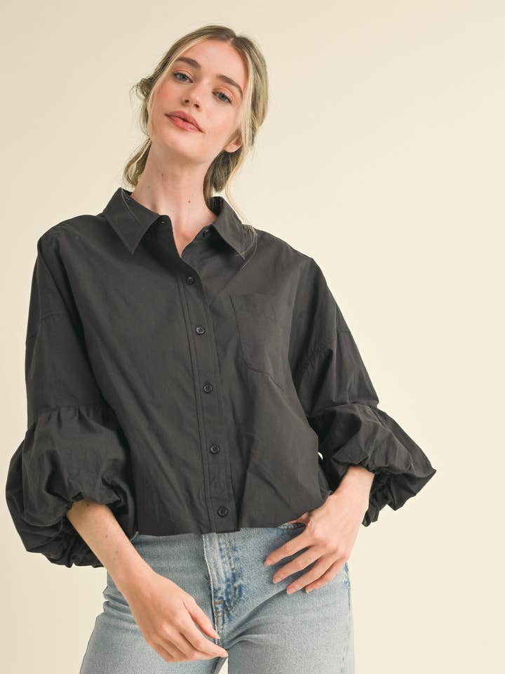 Bubble Sleeve Button Down - Black