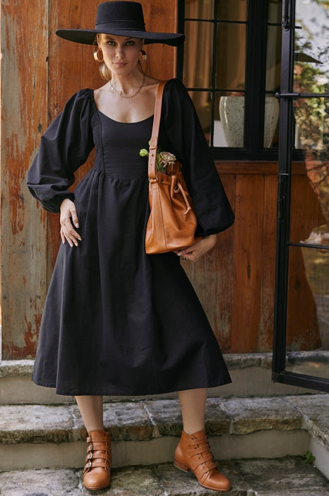 Alila Smocked Linen Midi Dress - Black