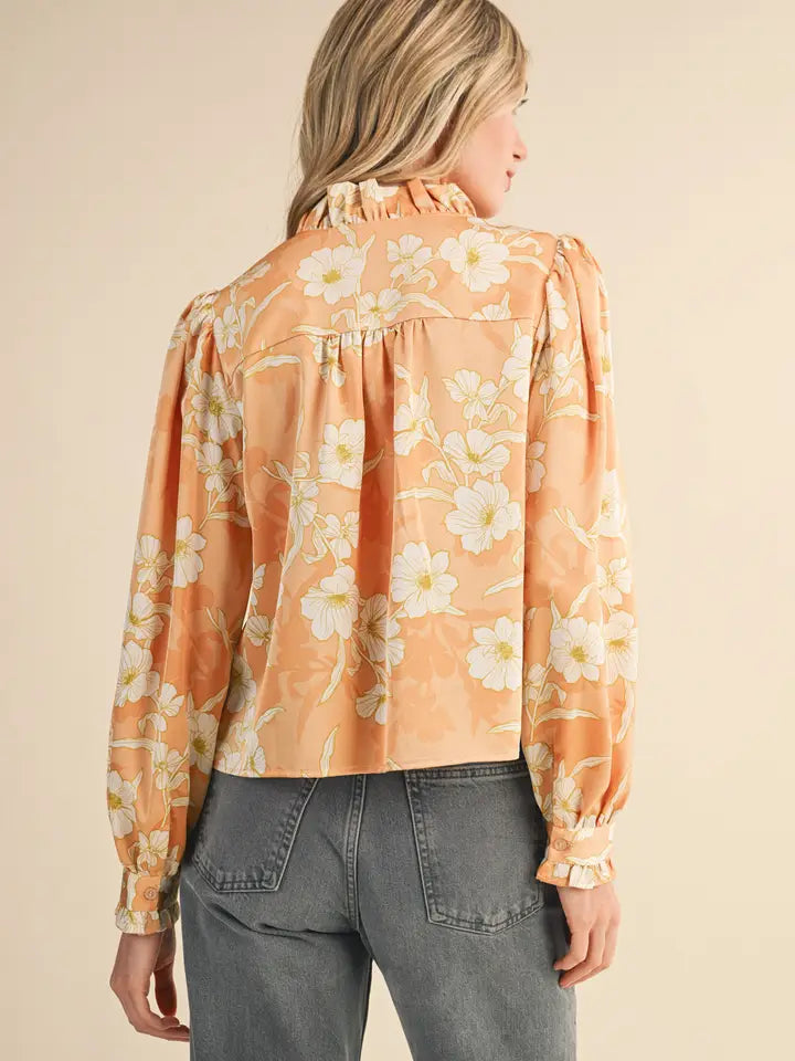 Floral Ruffle Long Sleeve Button Down - Champagne