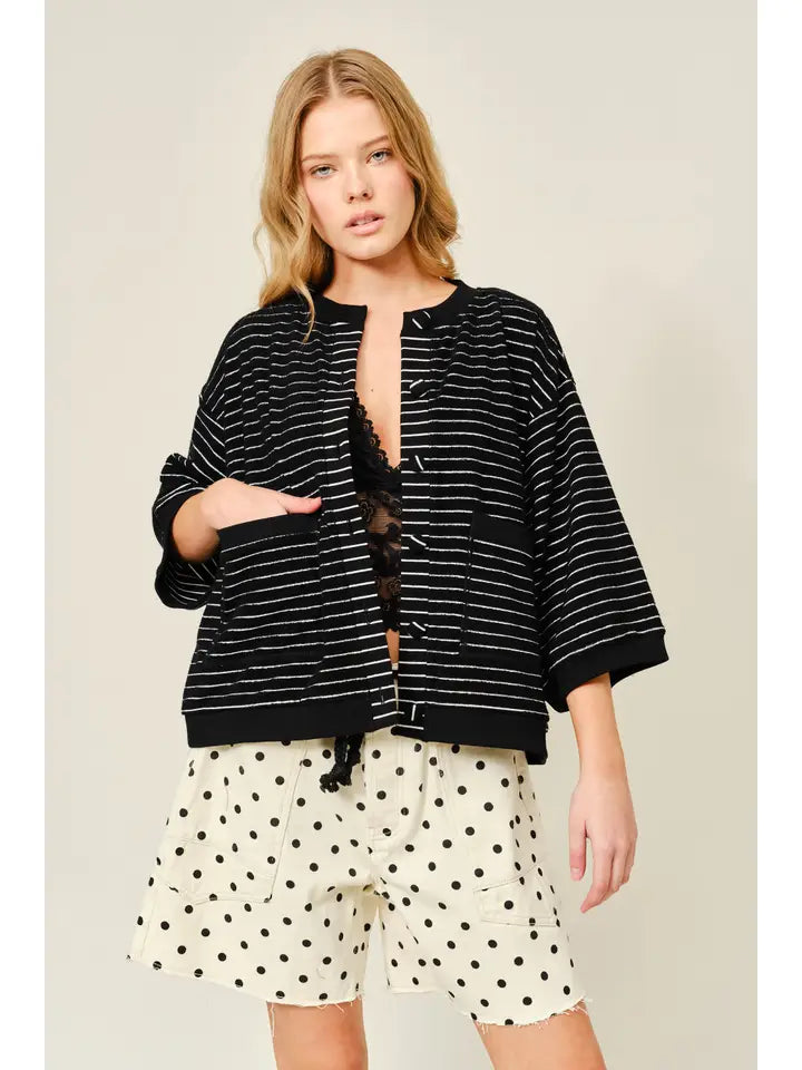 Striped Terry Cardigan - Black