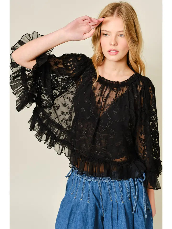 Cape Lace Blouse - Black