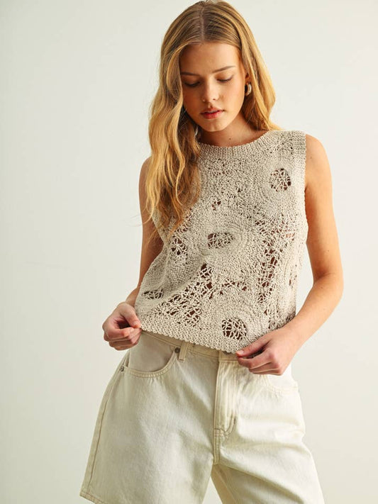 Floral Pattern Knitted Top - Stone
