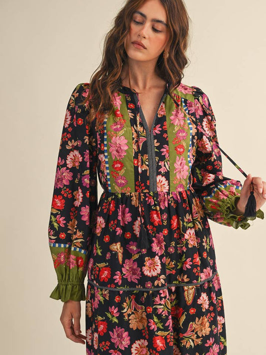 Floral Border Print Midi Dress - Black Multi