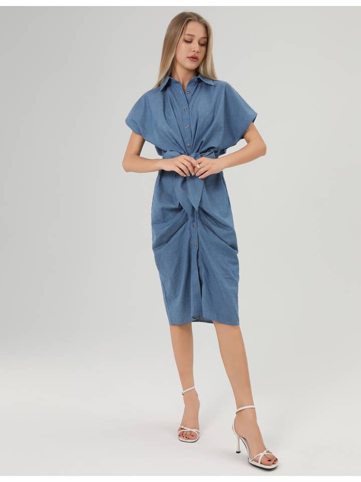 Waist Tie Midi Dress - Blue