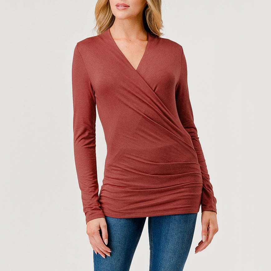 Long Sleeve Wrap Style Top - Barn Red