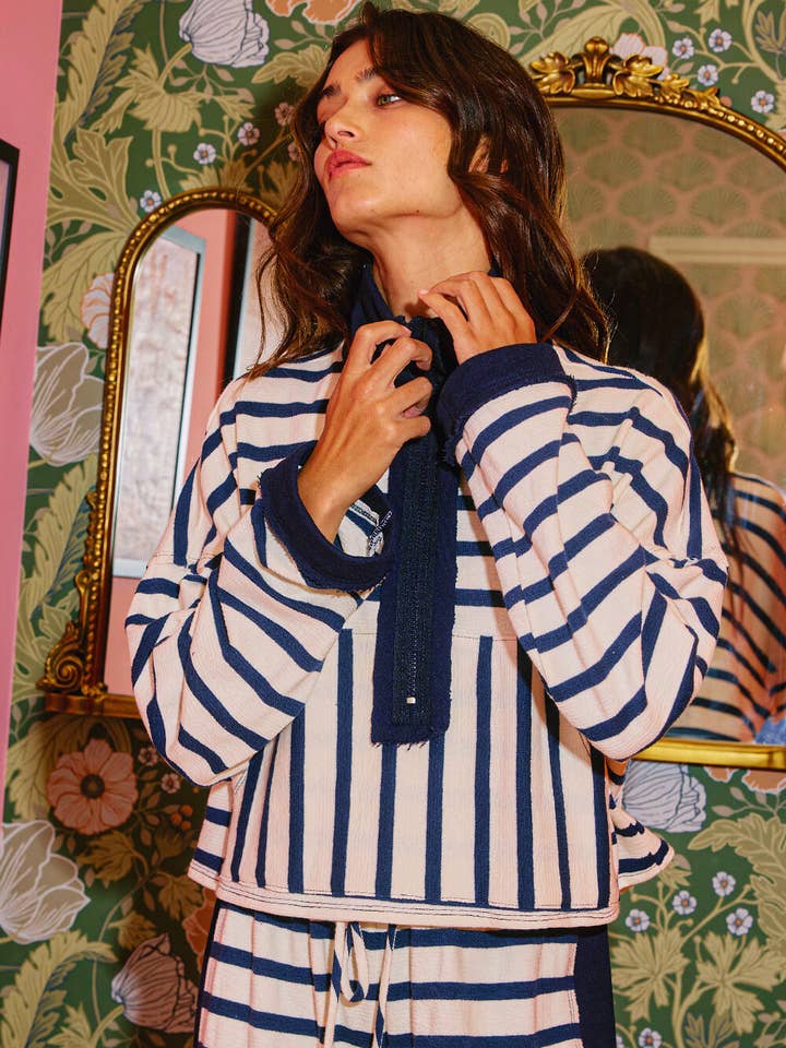 Zip-Neck Stripe Pullover - Navy