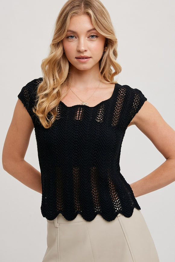 Eyelet Scalloped Hem Sweater - Black