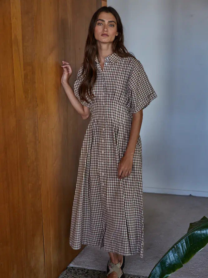 Woven Gingham Button Down Flare Maxi - Brown