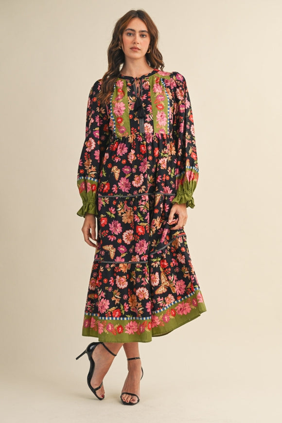Floral Border Print Midi Dress - Black Multi