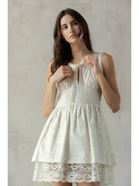 Lace Trim Floral Mini Dress - Cream