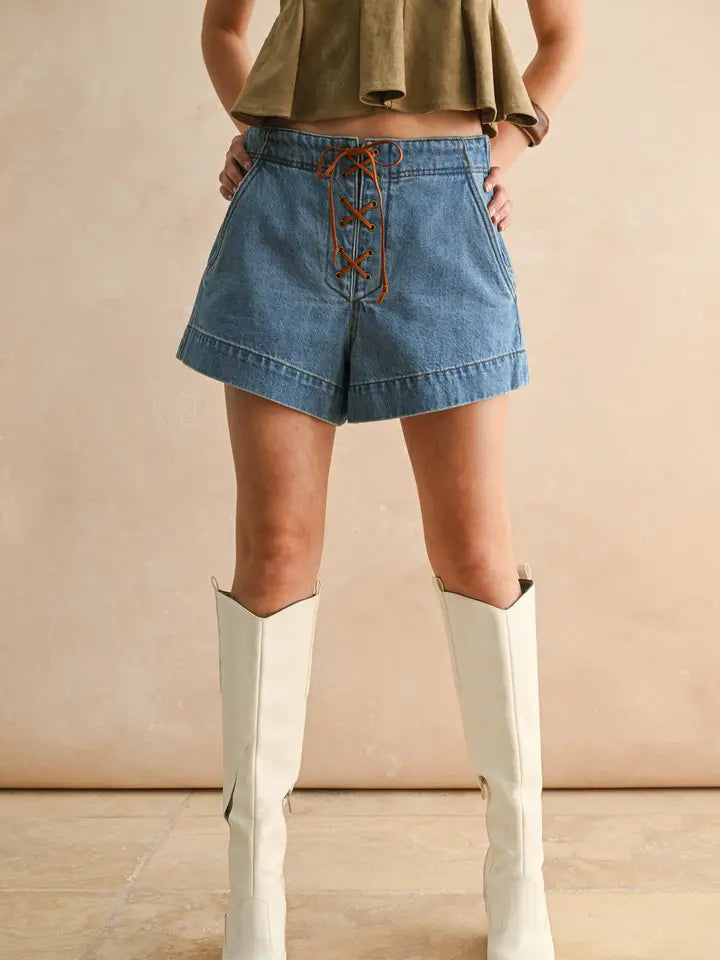 Suede Lace-Up Shorts - Denim