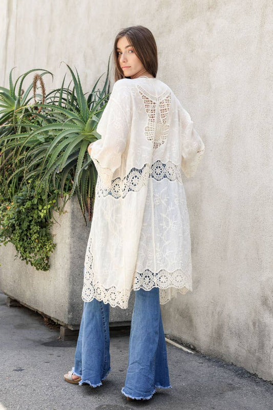 Crochet Patch Longline Kimono - Ivory