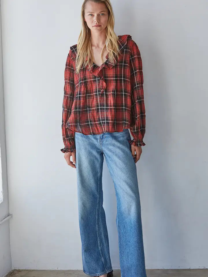 Plaid Ruffle V-Neck Top - Red/Black