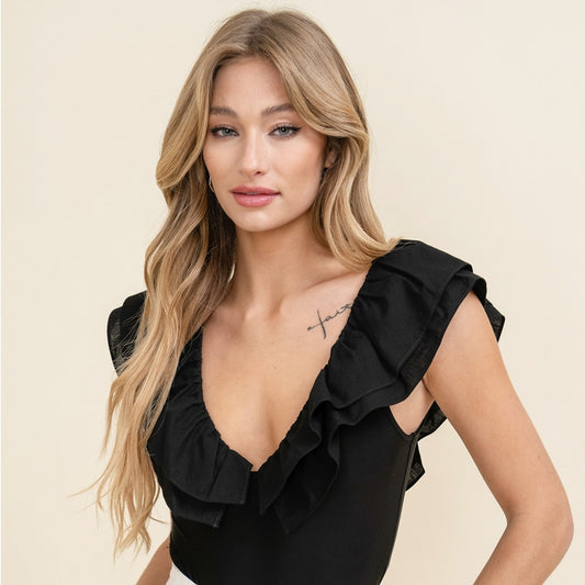 Ruffle Flounce Plunge Bodysuit - Black