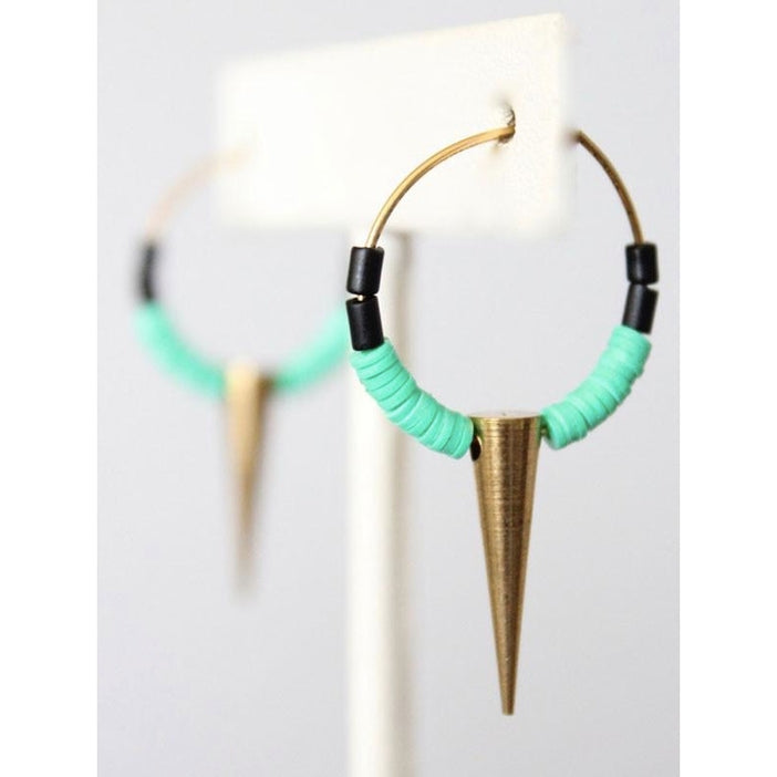 Green Vulcanite and Brass Spike Hoop Earrings