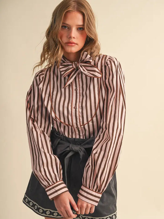 Striped Tie Neck Button Down - Pink Brown