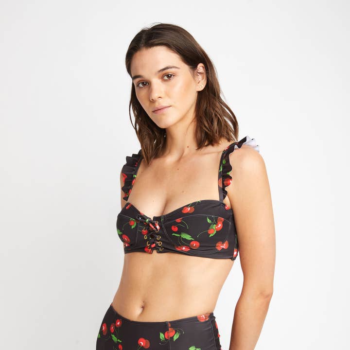 High Waisted Balconette Swimsuit - Cherry Black