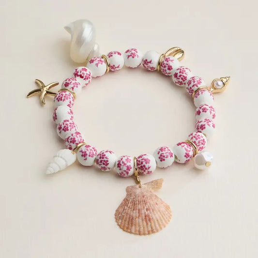 Floral Beaded Seashell Charm Bracelet - Pink