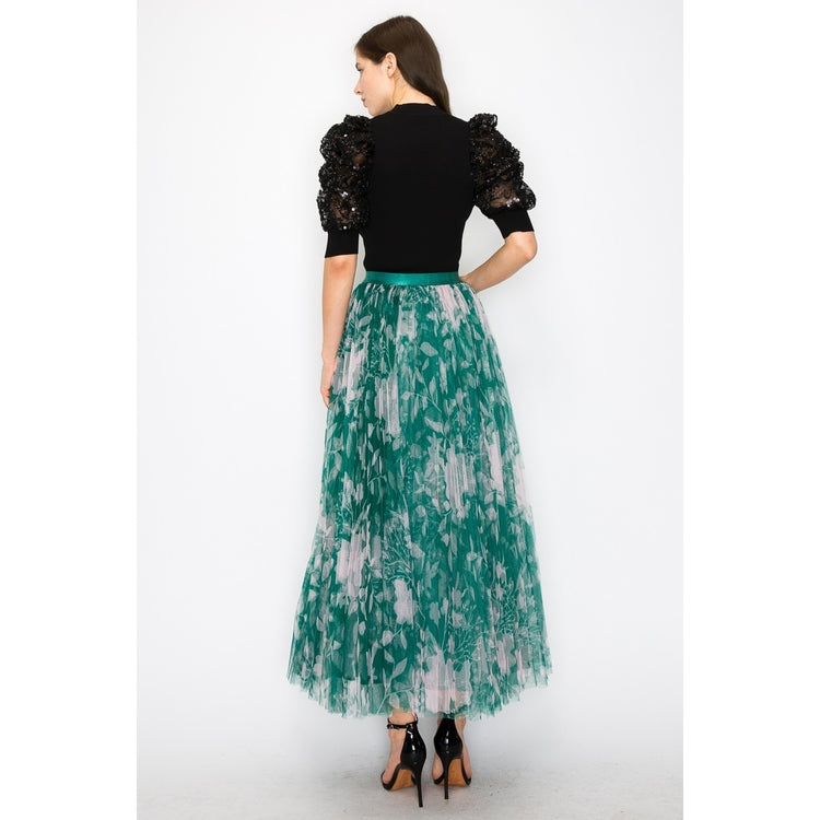 Floral Mesh Maxi Skirt - Green