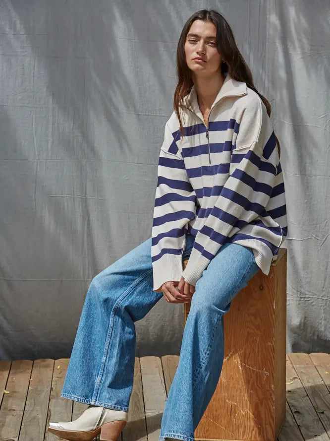 Striped Quarter Zip Sweater - Natural Navy