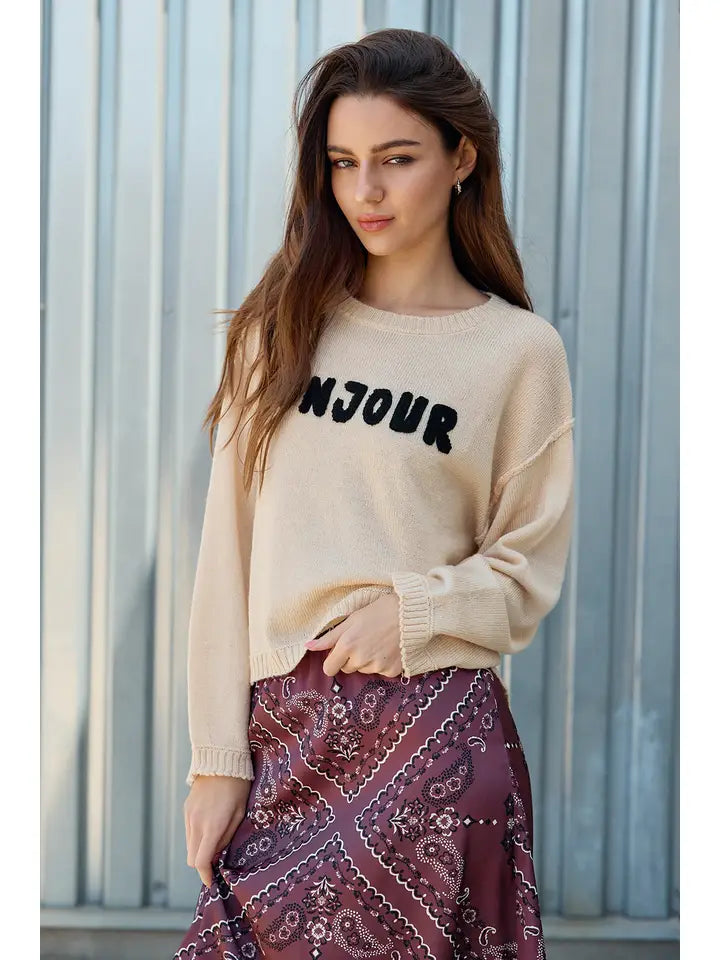 Bonjour Bouclé Lettering Sweater - Light Beige